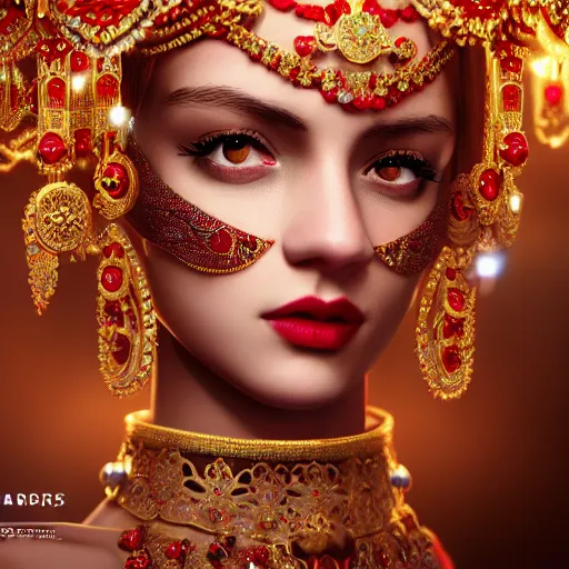 Image similar to photograph of wonderful princess with smooth fair skin, alluring eyes, red jewelry, breathtaking, elegant, ornate, intricate, hyper detailed, accent lighting, dramatic light, 4 k octane render