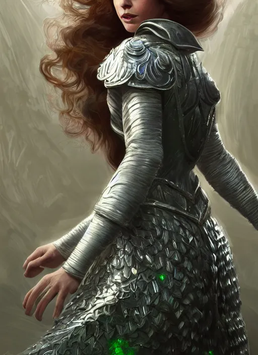 Image similar to beautiful female dorothy gale, rebecca romijn as dorothy, full body character concept, covered in full silver armor, armor plating, art nouveau, sparkling emeralds, super powers, fantasy, intricate, elegant, highly detailed, digital painting, artstation, concept art, shining, sharp focus, illustration, art by stanley lau