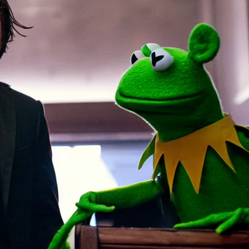 Image similar to Kermit the Frog as John Wick in a still from the film John Wick (2014)