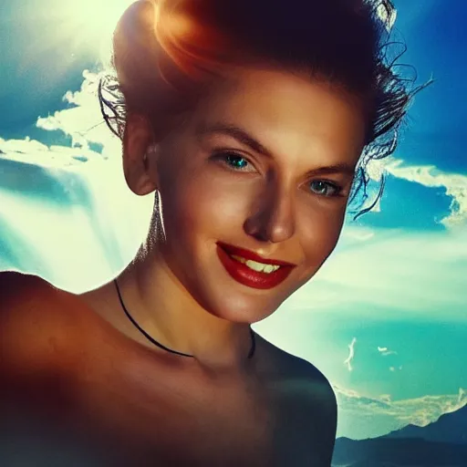Prompt: sci - fi, morning, smiling fashion model face sun craigslist ads, cinematic, clouds, sun rays, vogue cover style