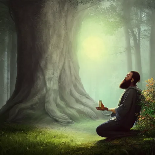 Image similar to a long beard sage worshipping under the tree of wisdom, magical world, by greg rutkowski, sung choi, photo realistic, 8 k, cinematic lighting, hd, atmospheric, hyperdetailed, trending on artstation, devainart, digital painting, glow effect