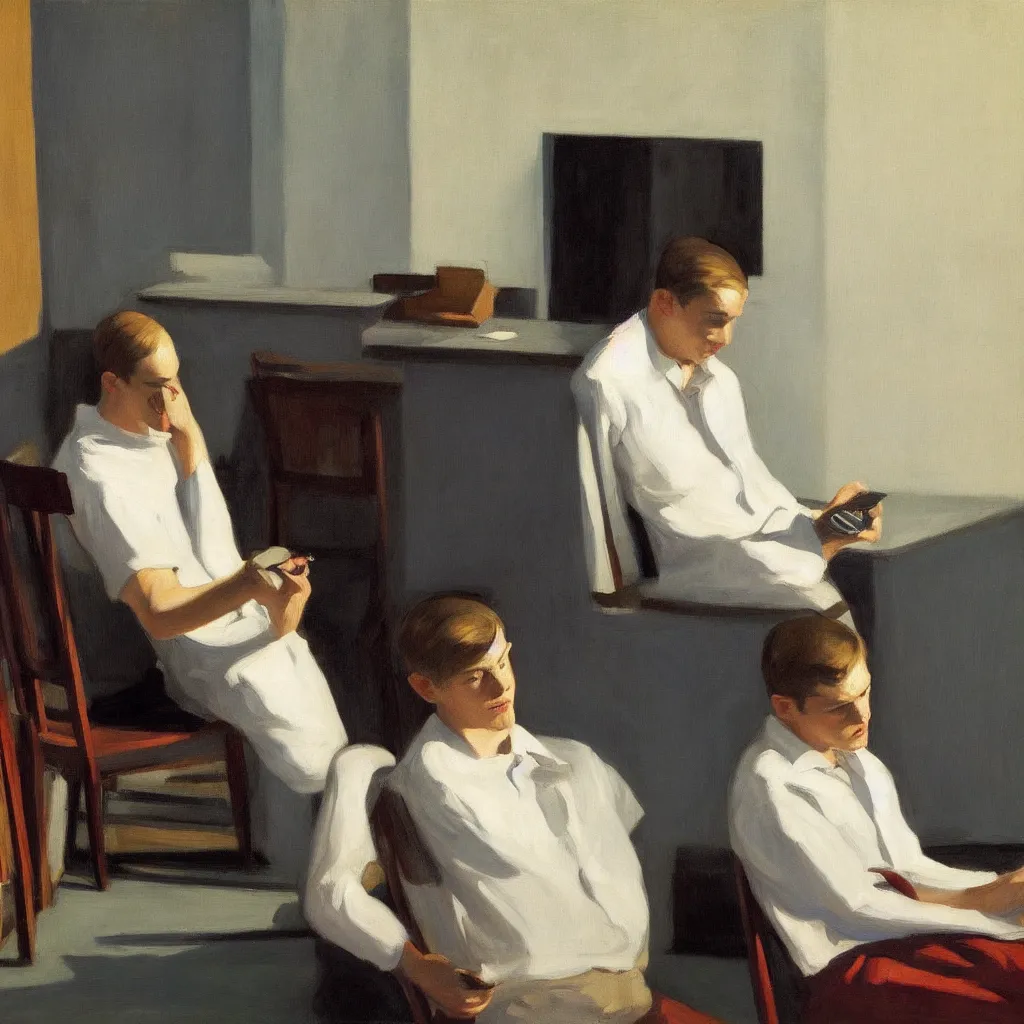 Image similar to i, a portrait of a young man sitting on a chair playing his iphone, by edward hopper