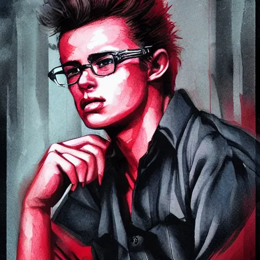 Image similar to young james dean teenage boy man, in a black and red checked flannel shirt, in a style of 8 0's horror style, wlop, artgerm, jason chan, charlie bowater, sergey kolesov, watercolor on paper, hyper detail portrait, closeup on face, exquisite detail, profile picture,