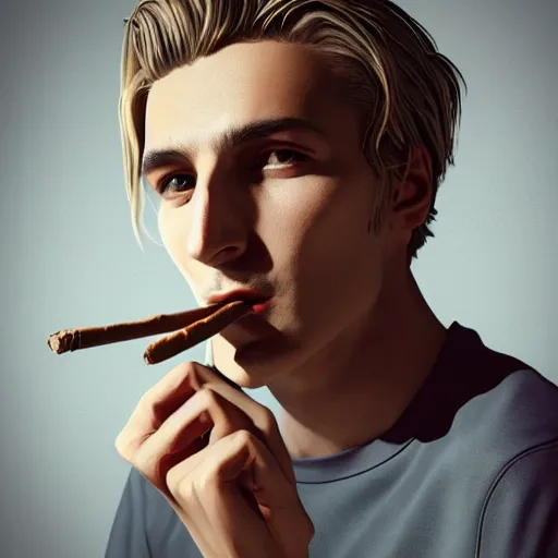 Image similar to a closeup photo of handsome gigachad xqc smoking a cigar, 8k photorealism, extremly detailed, trending on artstation