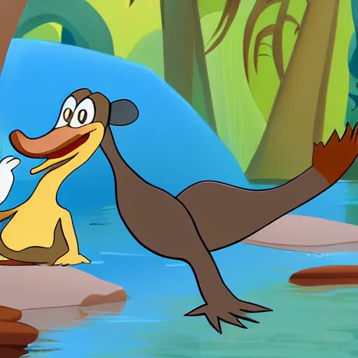 Prompt: a disney animated cartoon of a friendly platypus