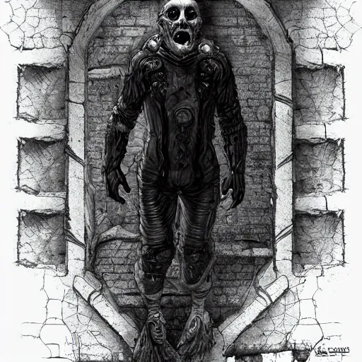 Image similar to the man stuck in the wall, creepy explorer sketch, godlike design, concept art, beyond the void, grand scale, intricate detailed