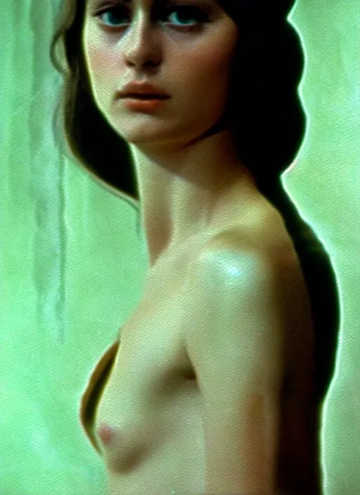 Image similar to 1971 film still from an Italian drama film of a young French actress as the goddess of razor blades. ultra detailed painting at 16K resolution and amazingly epic visuals. epically beautiful image. amazing effect, image looks gorgeously crisp as far as it's visual fidelity goes, absolutely outstanding. vivid clarity. ultra. iridescent. mind-breaking. mega-beautiful pencil shadowing. beautiful face. Ultra High Definition. godly shading. amazingly crisp sharpness. photorealistic film cel processed twice..