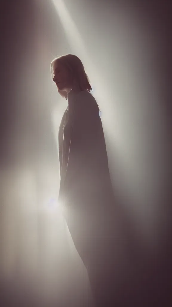 Image similar to very very beautiful photograph of emily skinner looking like annie leonhart standing next to a window god rays shining on her from the sunlight, volumetric fog, smoke, depth of field, beautiful composition, very very very beautifull face, on artstation and instagram