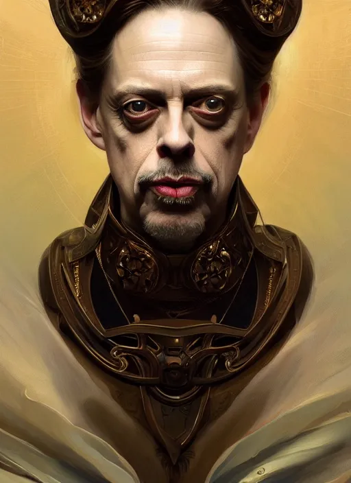 Prompt: symmetry!! portrait of steve buscemi, fantasy, medieval wear, intricate, elegant, highly detailed, digital painting, artstation, concept art, smooth, sharp focus, illustration, art by artgerm and greg rutkowski and alphonse mucha