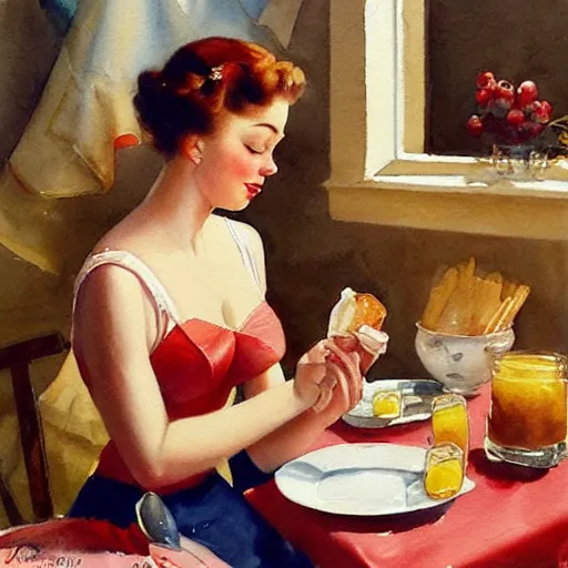 Image similar to woman making breakfast watercolor painting by gil elvgren and vladimir volegov