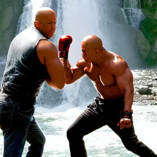 Prompt: Vin Diesel punching an alien wearing a Sombrero in the face, in front of a waterfall