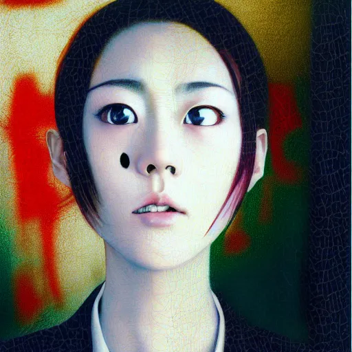 Image similar to yoshitaka amano blurred and dreamy realistic three quarter angle portrait of a young woman with short hair and black eyes wearing office suit with tie, junji ito abstract patterns in the background, satoshi kon anime, noisy film grain effect, highly detailed, renaissance oil painting, weird portrait angle, blurred lost edges