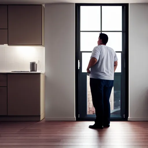 Image similar to obese landlord standing in front of open refrigerator illuminated by bright white light, a resigned tenant is standing behind reading a lease agreement, dark apartment painted in beige white paint, cctv, cinematic