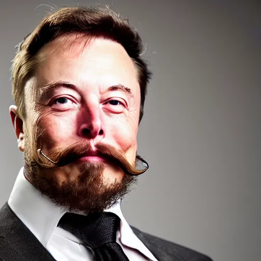Prompt: elon musk with long mustache and epic beard, 5 0 mm, studio lighting, wes anderson style