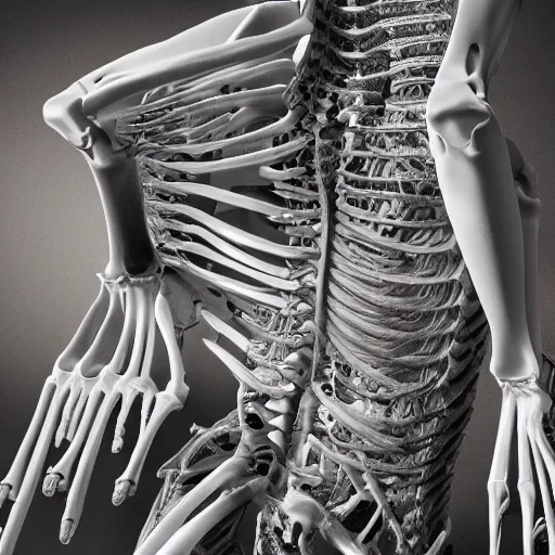 Prompt: beautiful scene of a detailed and intricate design of the back of full woman body wrapped in bones, real, studio shot, dynamic lighting, great finesse organic hyper detailed, engineering blueprints, technical drawings, calculus, stained paper, hyperrealistic, ultra detailed, 4K, octane render, unreal engine