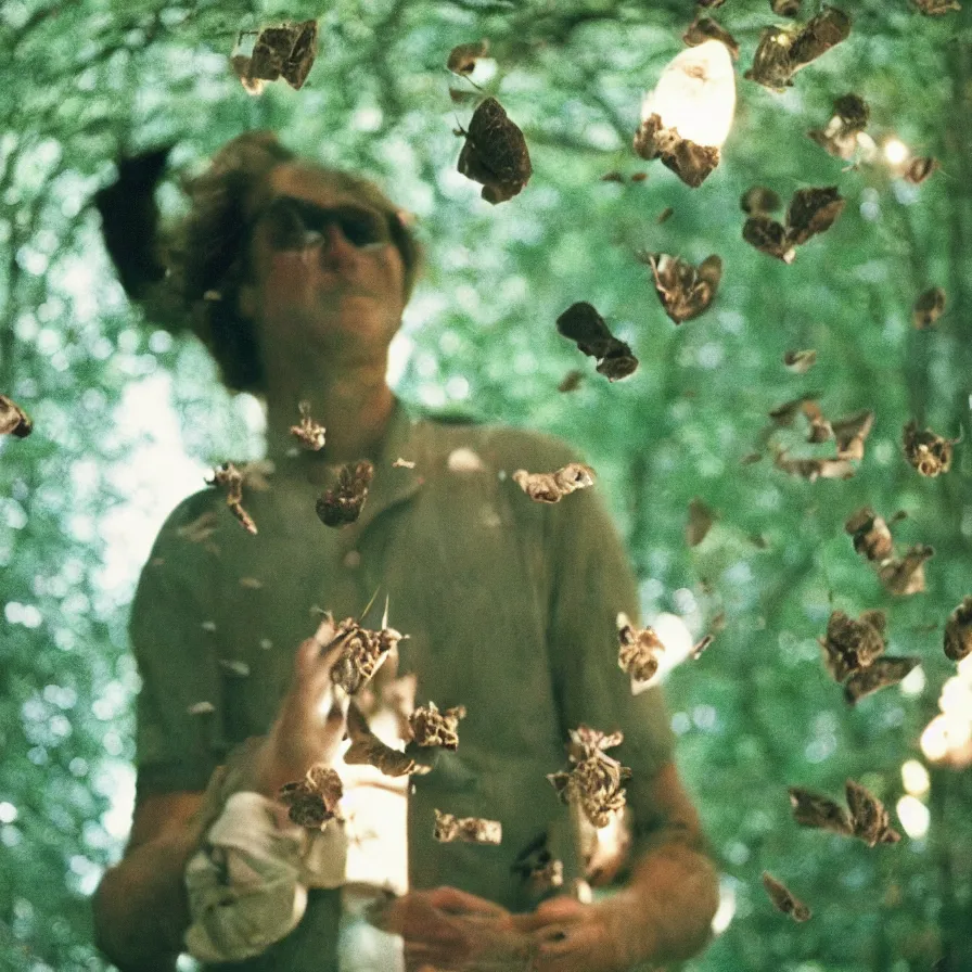 Image similar to 7 0 s movie still of a man with a chest full of moth in a green tunnel, cinestill 8 0 0 t 3 5 mm eastmancolor, heavy grain, high quality, high detail