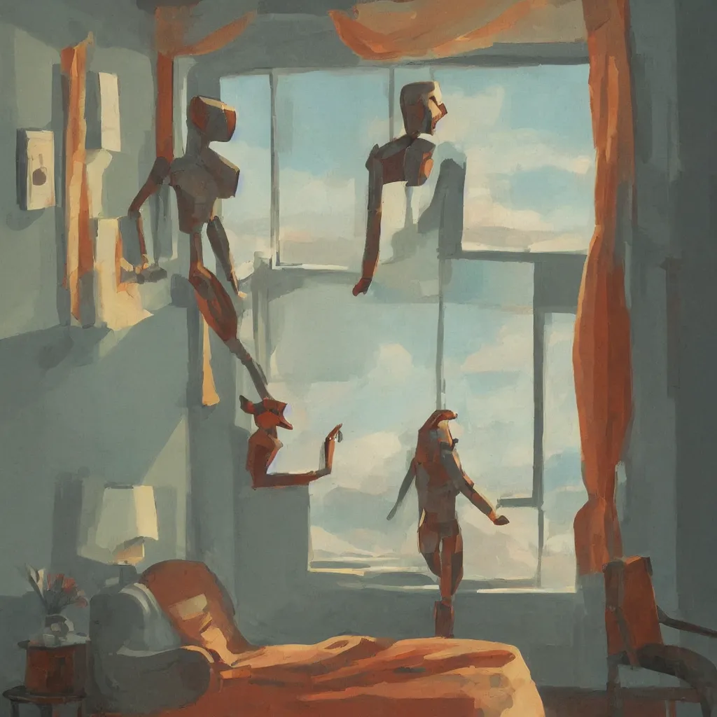 Prompt: minimalist well lit room, a half human and half robot is staring out the window overlooking the ocean. warm colors, in the style of abercrombie, gertrude, craola,