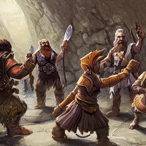 Image similar to DnD dwarves in gladitorial duel. Concept art by james gurney.