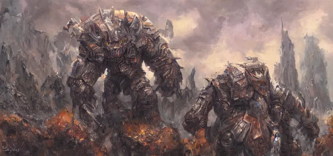 Prompt: oil painting of lone giant orc in futuristic armor roars as it steps over it's fallen enemy's bodies, boris vallego