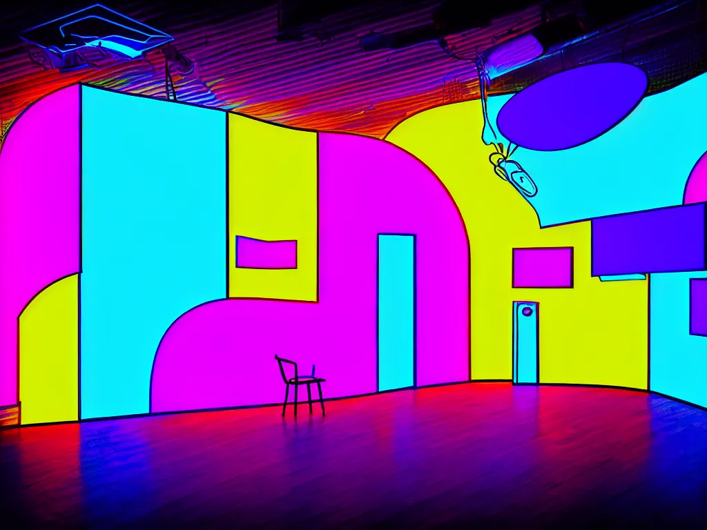 Image similar to room with overlaping curved translucent screens projecting art, large colorful art, pixel perfect image, high contrast, volumetric lighting, tiny neon light, chair, user, pair of keys