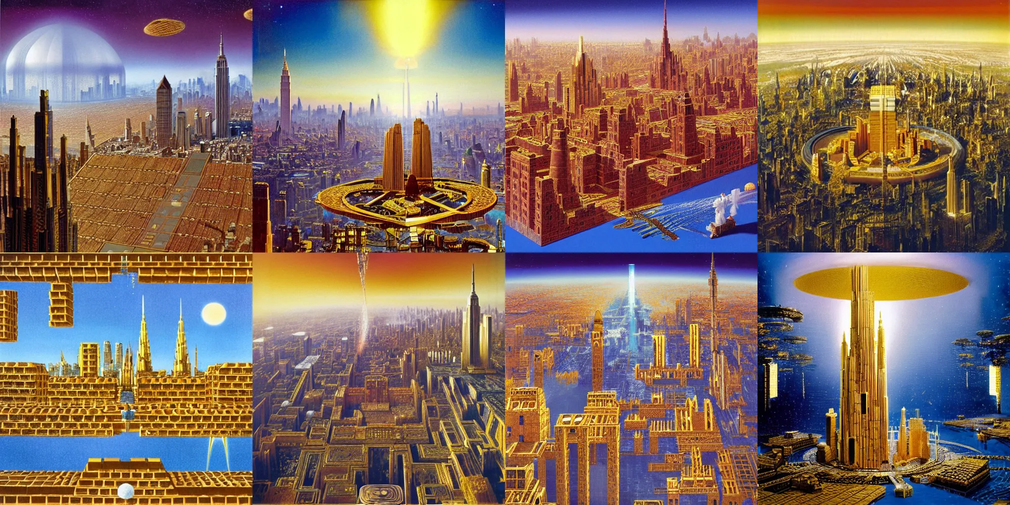 Prompt: a city made entirely of golden bricks and rooftops by yoshitaka amano and albert bierstadt, style of cerulean, fendi, 2 0 0 1 : a space odyssey