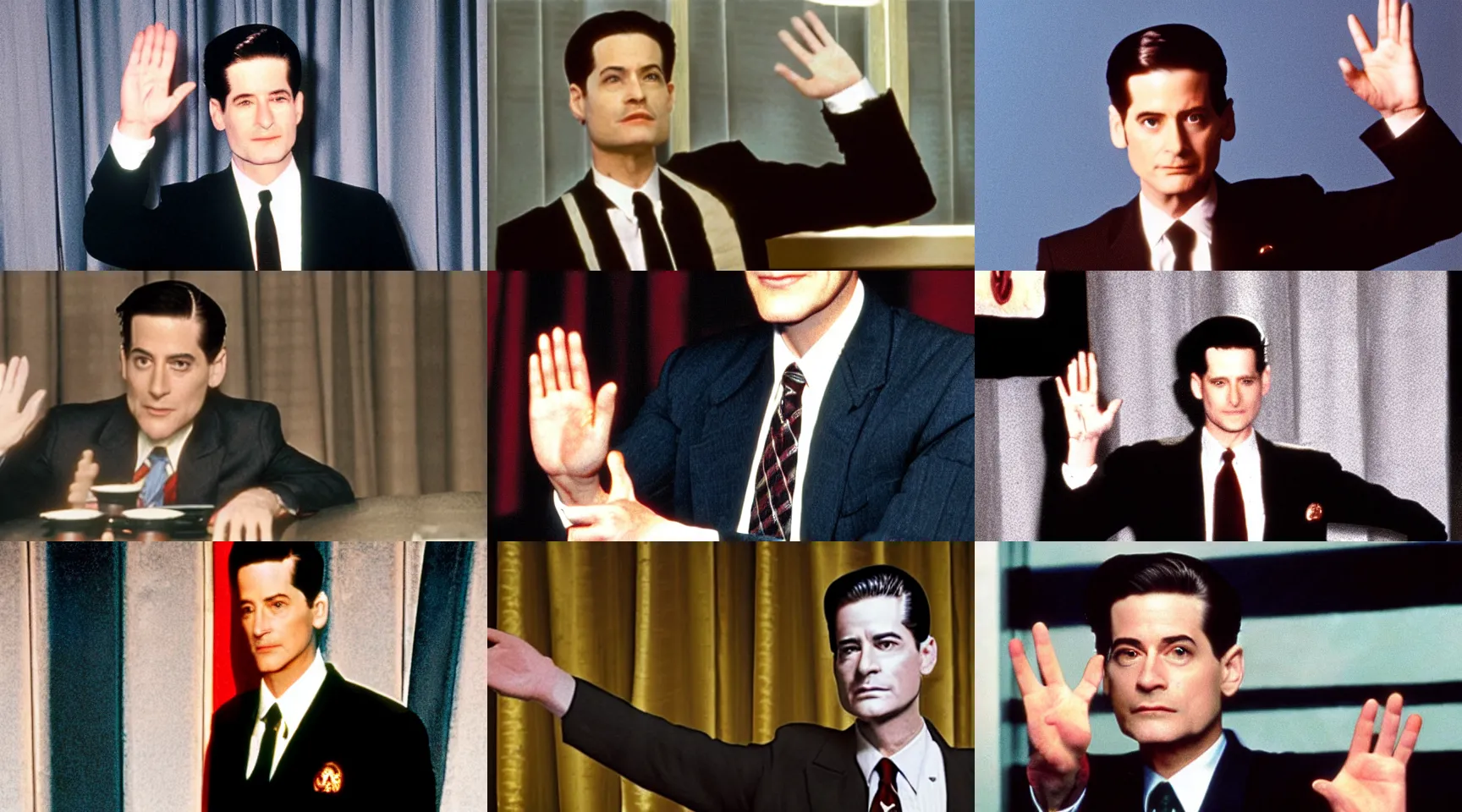 Prompt: agent dale cooper from twin peaks waving goodbye