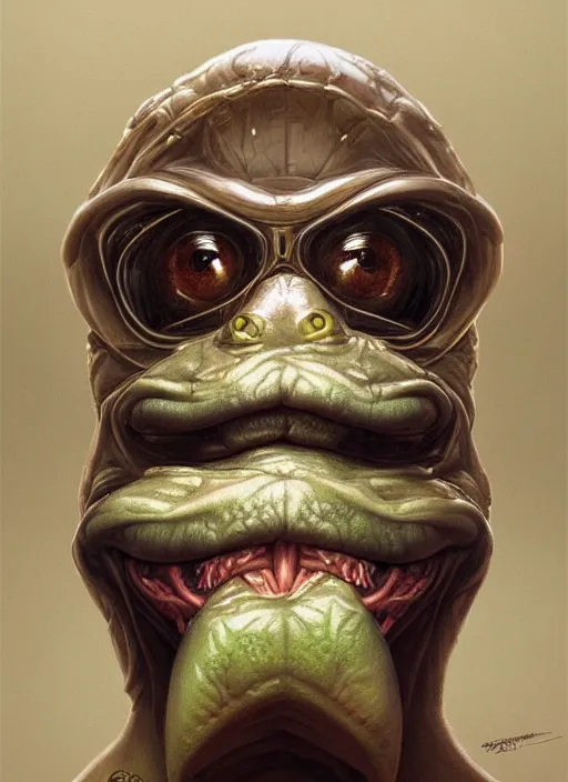 Image similar to 4 chan pepe, drool, portrait, intricate, elegant, highly detailed, digital painting, artstation, concept art, wallpaper, smooth, sharp focus, illustration, art by h. r. giger and artgerm and greg rutkowski and alphonse mucha
