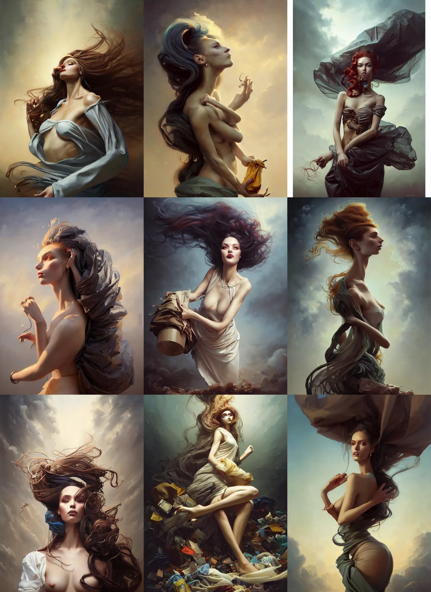 Prompt: fine art portrait oil painting of a beautiful woman with long hair wearing a garbage bag for clothes, perspective, ultra detailed, elegant, intricate, dynamic lighting, hyperrealism, sharp focus, art by peter mohrbacher and tom bagshaw and andrei riabovitchev