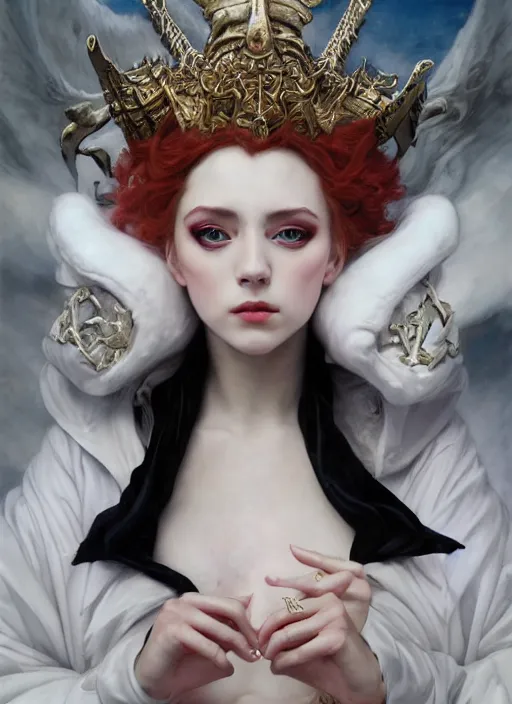 Prompt: white horns queen demon, elegant,, wearing a bomber jackett, hyper realistic, white horns, extremely detailed, dnd character art portrait, fantasy art,, dramatic lighting, vivid colors, artstation, by edgar maxence and caravaggio and michael whelan and delacroix, lois van baarle and bouguereau