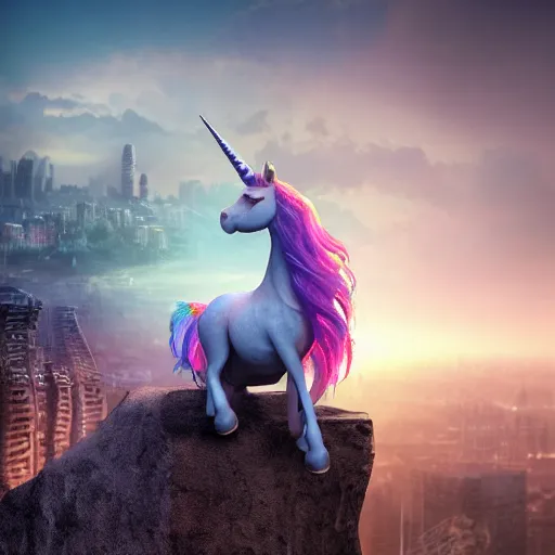 Image similar to a iridescent unicorn on a cliff overlooking a dystopian city covered in toxic smog, ultra realistic, concept art, intricate details, highly detailed, photorealistic, octane render, 8 k, fantasy art