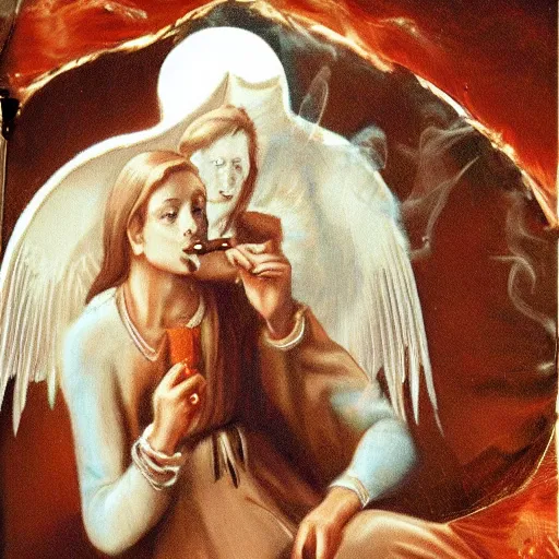 Prompt: angels in heaven smoking cigar