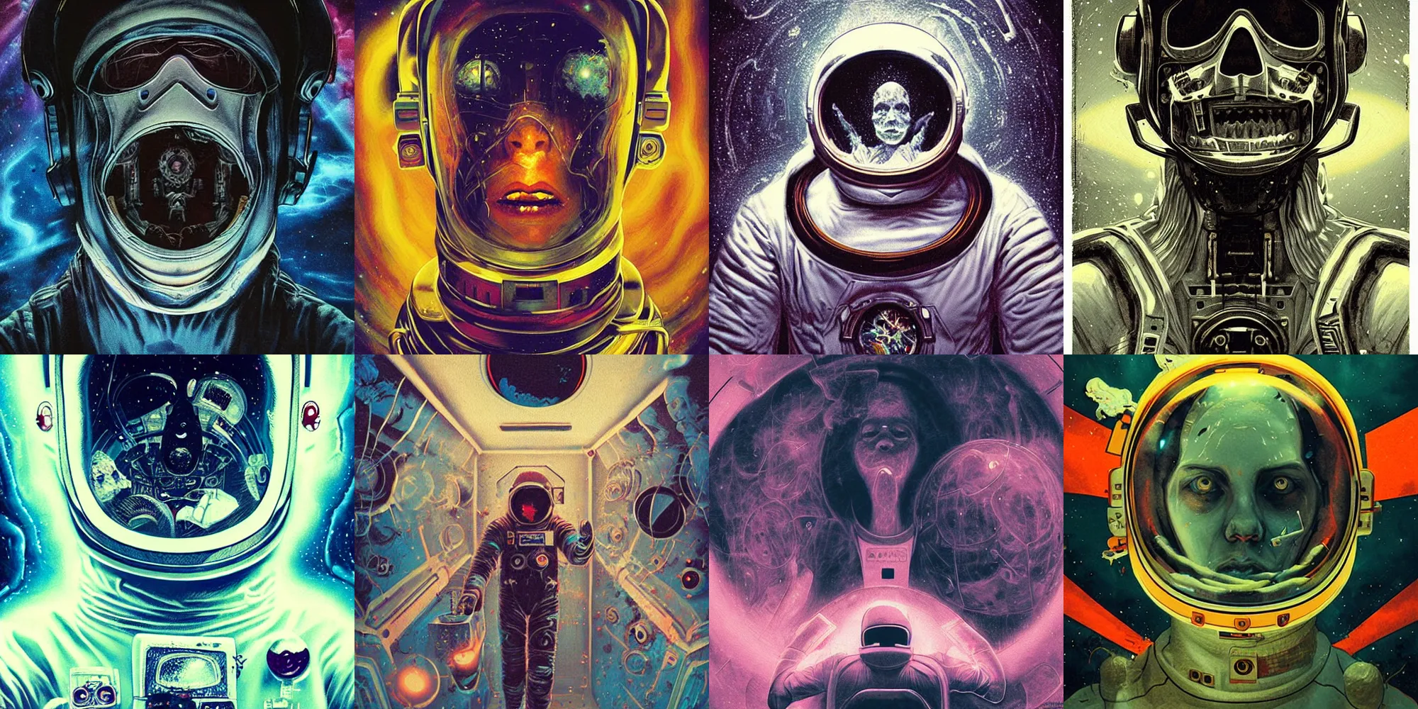 Prompt: astronaut, horror poster 9 0 s, cosmic horror, abstract, ghostly, arcade, duotone, poltergeist, lets get weird, intricate, elegant, highly detailed, digital painting, artstation, smooth, sharp focus, art by mondo, julian del rey and greg rutkowski, david la chapelle,