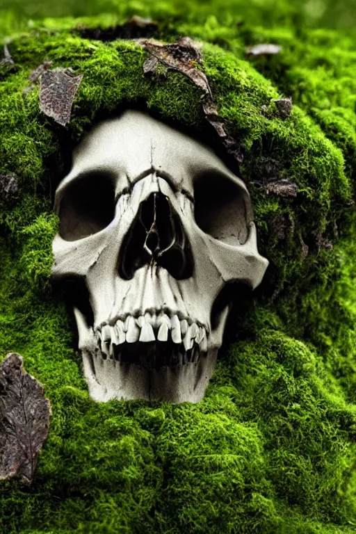 Prompt: The skull is overgrown with moss and grass, lies in the grass, ultrarealism, render, 3d computer graphics