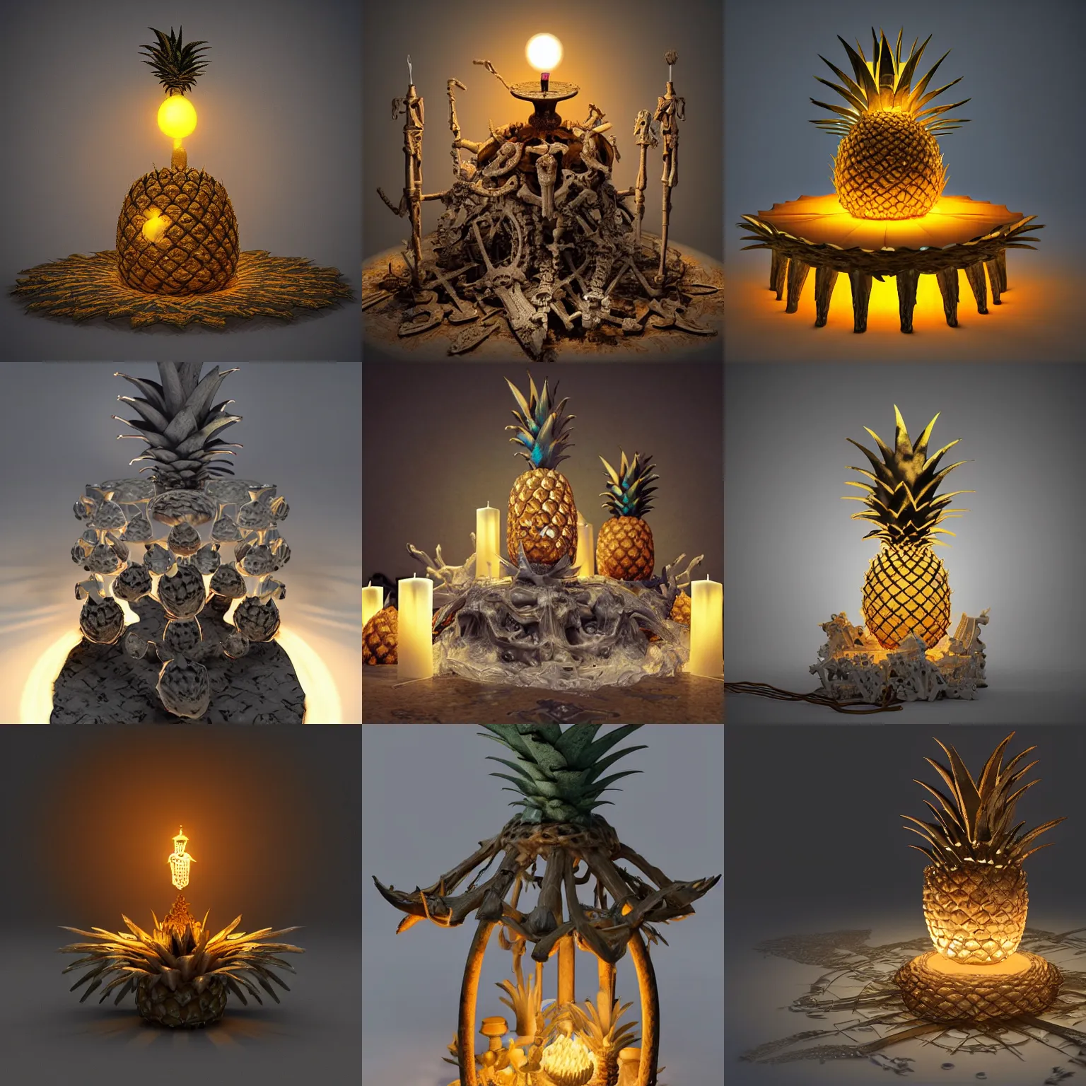 Prompt: alter made of bones with a glowing pineapple lamp on it, by wojciech siudmak by eiq, cgsociety, glowing swirling mist, candles, epic lighting, render