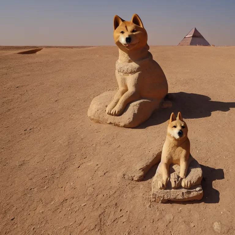 Image similar to a shiba-inu stone sphinx in the egyptian desert