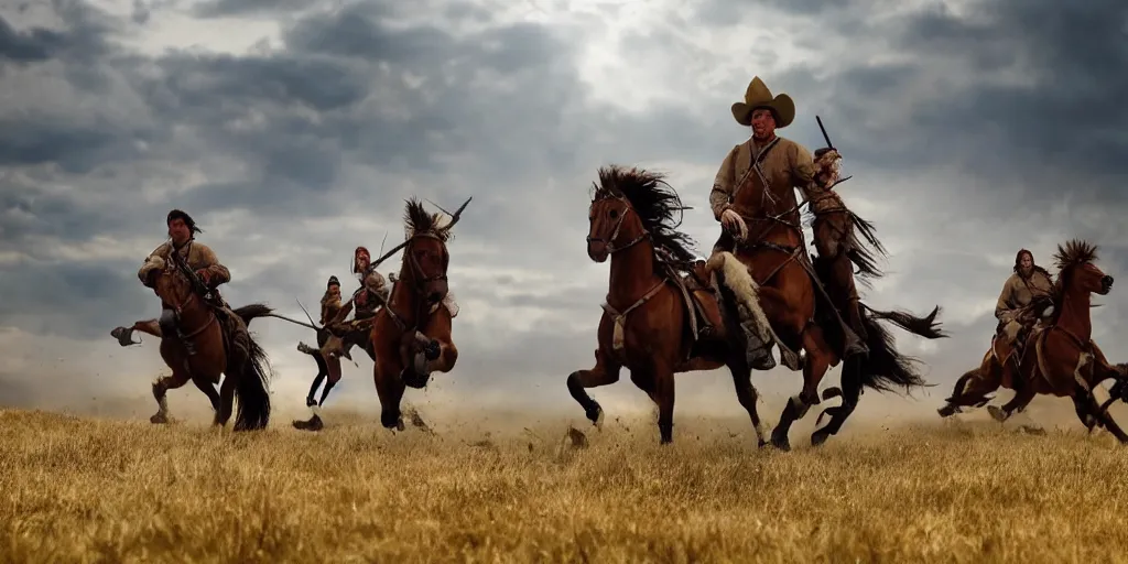 Image similar to promotional movie still of an action shot from the battle of little bighorn, custer's last stand, majestic horses, desperate action, dramatic hdr natural light, cinematic lighting, extremely high detail, photorealistic, imax 7 0 mm, iso 4 0 0, 8 k, 4 k, hq