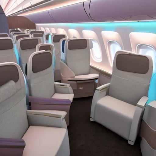 Prompt: Interior shot of a luxurious business class suite on a two aisle widebody jet with a pastel color palette