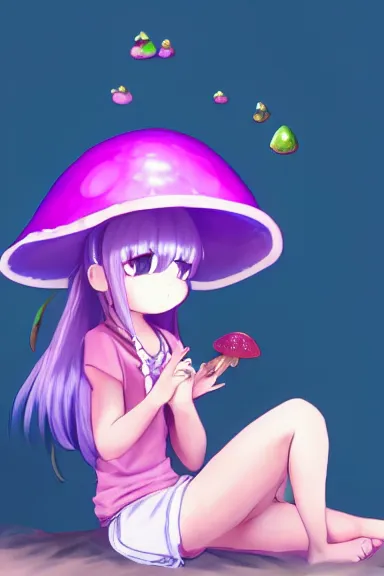 Image similar to a beautiful little girl wearing a mushroom hat sitting in her room petting a frog in her lap | | purple hair, pretty face, sharped details, in ryuuou no oshigoto art style, trending on pixiv, anatomically correct