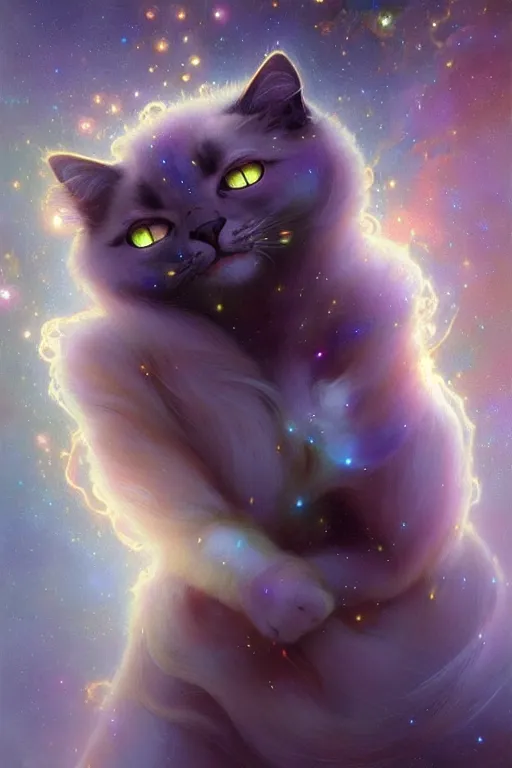 Prompt: Full view realistic ethereal stunning Celestial Cat of cosmic nebula with Pixar fur, 4k digital painting masterpiece by Mandy Jurgens and Ruan Jia, ornate Iconography background in the style of Alphonse Mucha, tarot card, amazing, magnificent, mystical, Hyperdetailed, award winning art, Ross Tran, wlop, Artgerm, Craig Mullins, detailed and realistic, soft lighting, intricate details, realistic, full view, Artstation, CGsociety