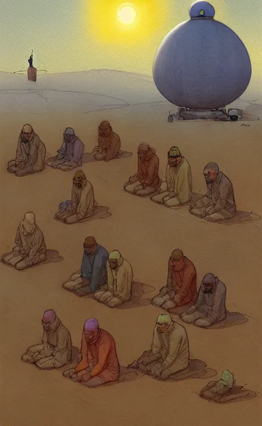 Image similar to a hyperrealist watercolour character concept art portrait of a group of middle eastern men kneeling down in prayer in front of a 1 2 ft. thin alien on a misty night in the desert. a ufo is in the background. by rebecca guay, michael kaluta, charles vess and jean moebius giraud