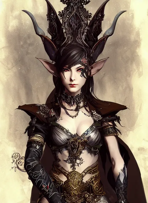 Image similar to Half body portrait of a smiling young beautiful elven female in ornate rogue attire. In style of Yoji Shinkawa and Hyung-tae Kim, trending on ArtStation, dark fantasy, great composition, concept art, highly detailed, dynamic pose.