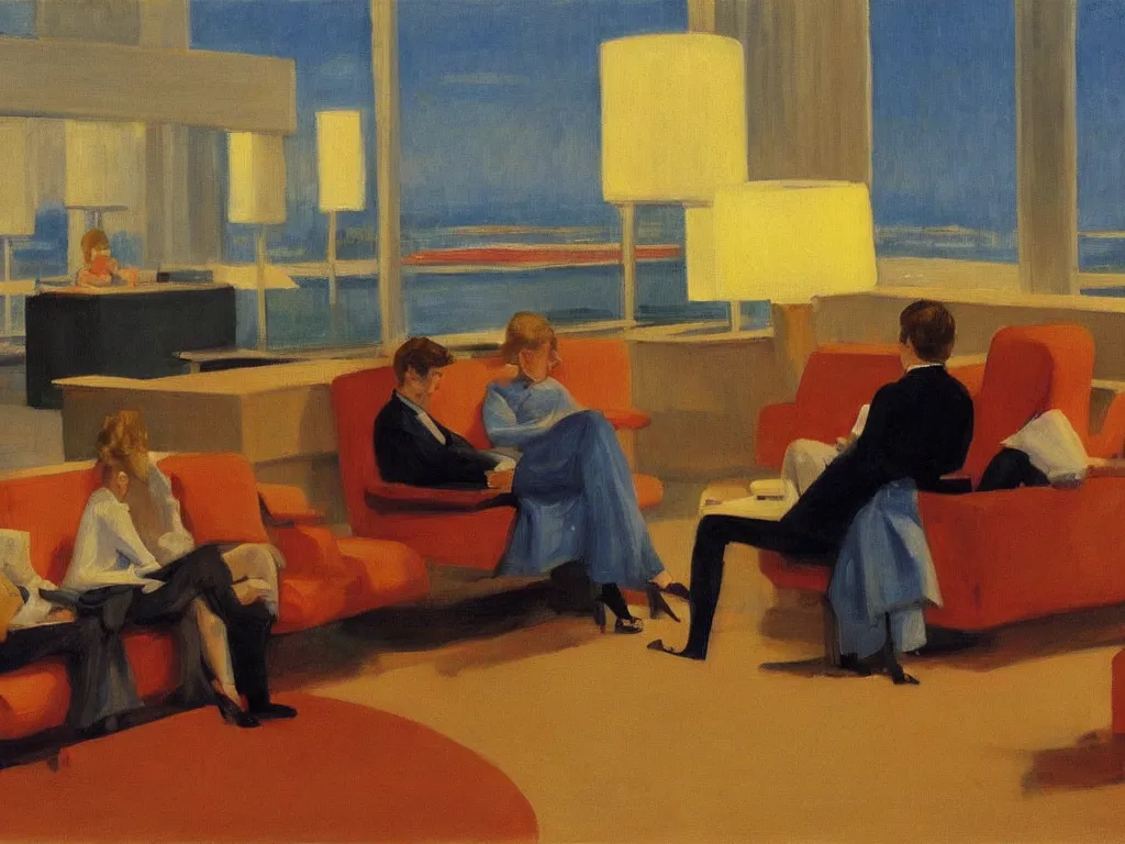 Prompt: sun setting in a airport lounge. tall, spacious, blonde woman watching landed airplane on the runway. painting by edward hopper