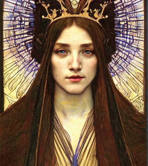 Image similar to detailed realistic beautiful young medieval queen face portrait by jean delville, alphonse mucha, vincent van gogh, and marco mazzoni, art nouveau, symbolist, visionary, gothic, pre - raphaelite