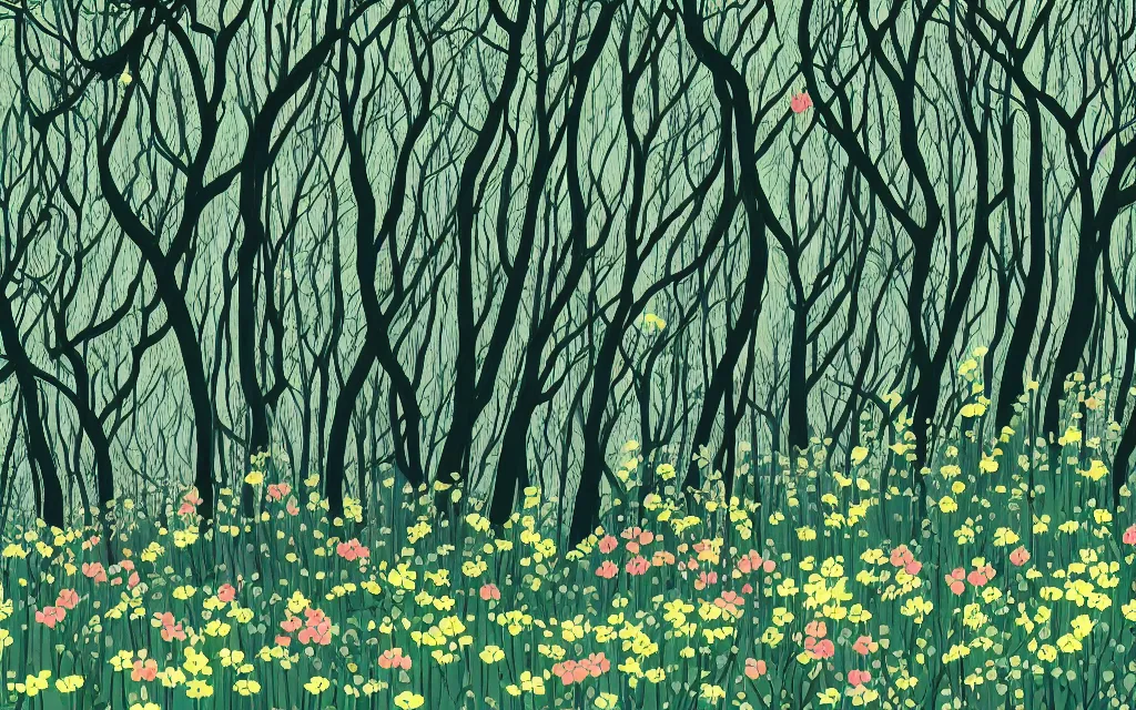 Image similar to a sprawling flowery meadow with tall trees, in the style of Eyvind Earle