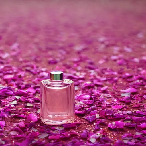 Image similar to perfume bottle surrounded by deep pink romantic rose petals, dew drops, f 2 0, soft femme, romantic simple path traced, environment, up close shot