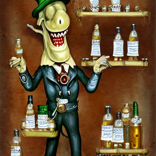 Image similar to a grinning anthropomorphic snake selling bottles of medicine, fantasy, steampunk, hr giger