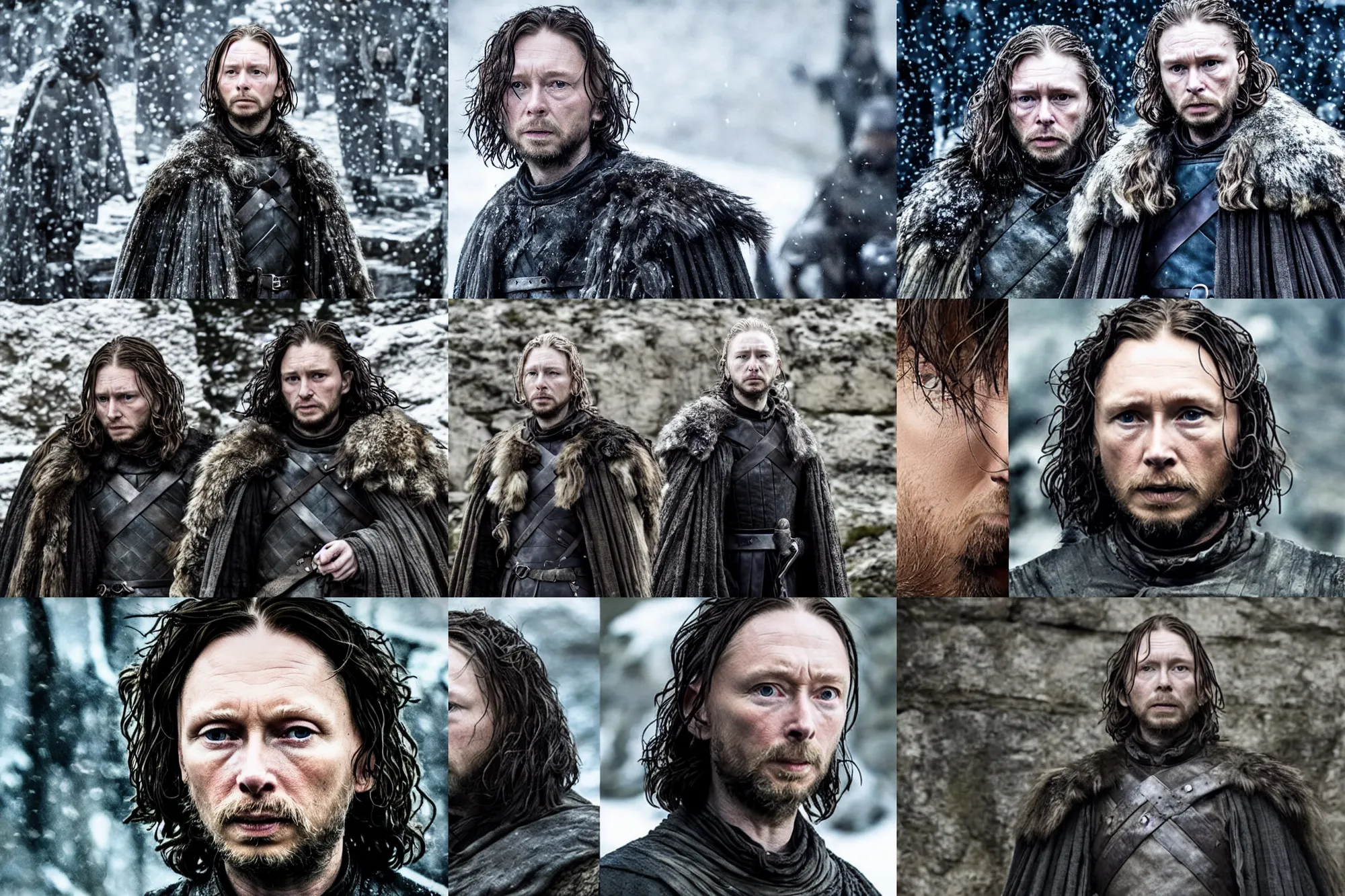 Prompt: thom yorke as jon snow, still image from game of thrones