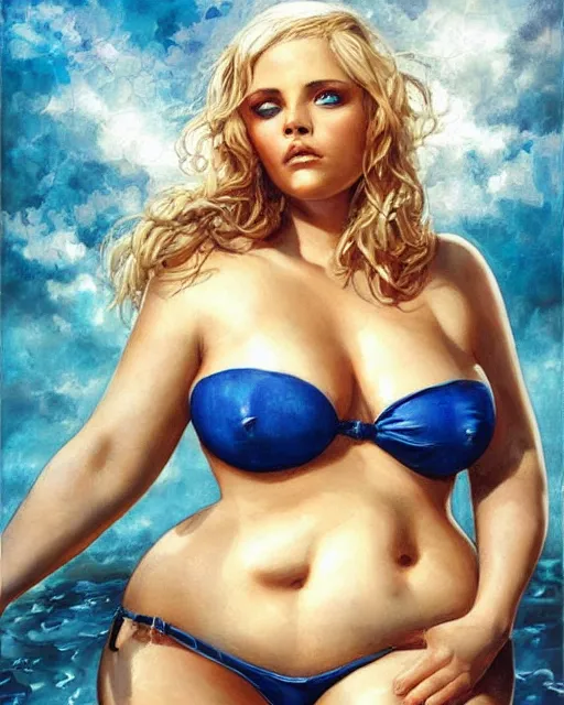 Image similar to a very obese christina ricci, gorgeous bikini model, oil on aged tin, inked lines, beautiful blue eyes, blonde hair. by karol bak and alain aslan and charlie bowater and artgerm.