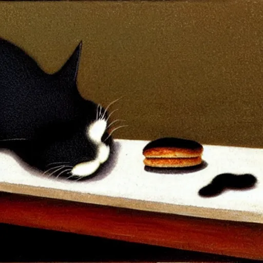 Image similar to black cat licking bread on a table, by Quint Buchholz