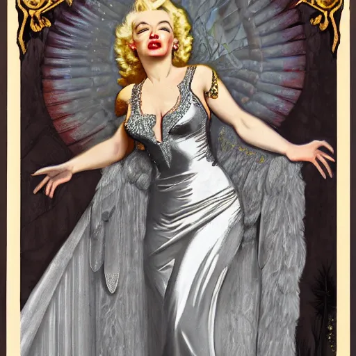 Image similar to an extremely detailed matte painting marilyn monroe as a powerful sorceress in a resplendent silver and gold dress with crimson trim and a long leg slit, in the style of magic the gathering, 8 k, sharp focus, detailed face, art by john collier and albert aublet and krenz cushart and artem demura and alphonse mucha